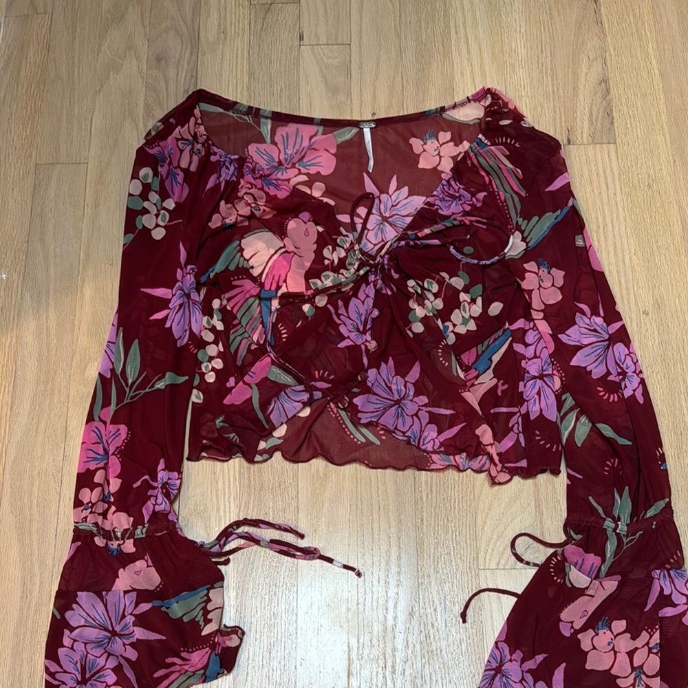 Free People Burgundy Floral Long-Sleeve Crop Blouse
